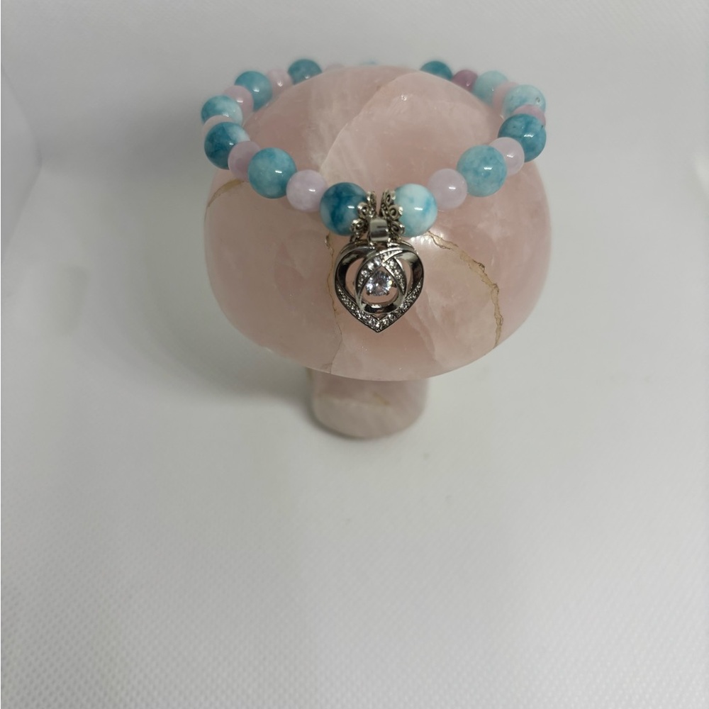 Natural Ocean Blue Jade and Lepidolite Stretch Bracelet Swarovski Crystal Heart